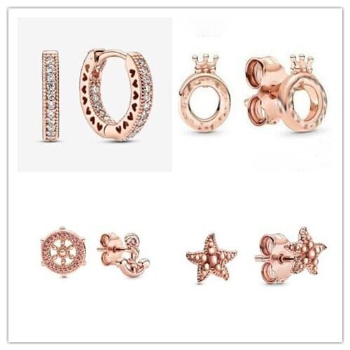 925 Sterling Silver pandora Earring Signature Rose Sparkling Heart Hoop Earrings For Women Wedding Party Jewelry
