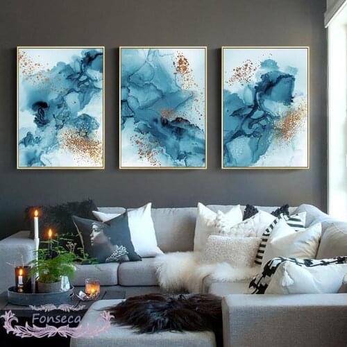 Modern Blue Watercolor Ink Canvas Painting Abstract Poster Minimalist Print Decorative Picture On The Wall Art Home Decoration