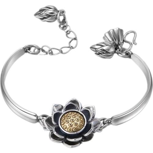 New S925 pure Silver Vintage Thai Silver woman Pendant and Bracelet Set real 925 silver Anemone Rotating Womens Silver Bracelet