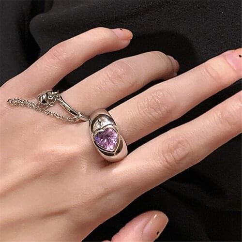 2021 New Personality Purple Love Heart Ring Temperament Open Index Finger Adjustable Chain Rings for Women Girls Fashion Jewelry