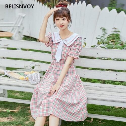 Preppy Style Summer Women Midi Dress Sailor Collar With Tie Blue Pink New Plaid Elastic-waisted Dress Elegant Sweet Chic Dress