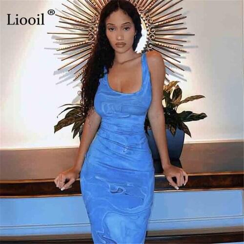 Liooil Blue Print Backless Bodycon Midi Dress Women Summer New 2021 Streetwear Sleeveless Party Birthday Sexy Tight Tank Dresses