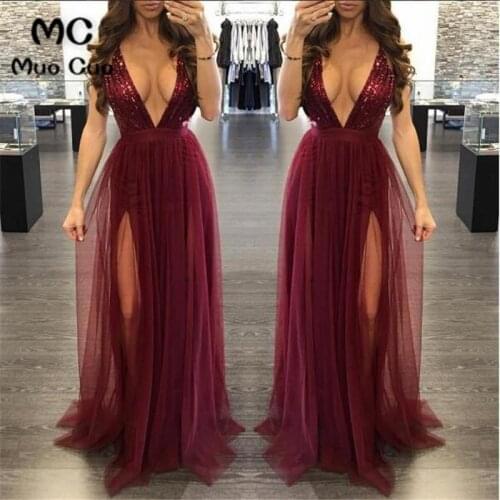 2018 Burgundy Sequined Evening Dresses Long Deep V neck Spaghetti Straps Front Slit Tulle Formal Evening Party Dress for Women