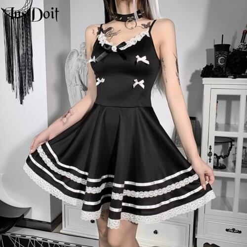 InsDoit Gothic Lace Black Dress Women Vintage Bow Summer Sexy Backless Bodycon Harajuku Aesthetic Fashion Elegant A LINE Dress