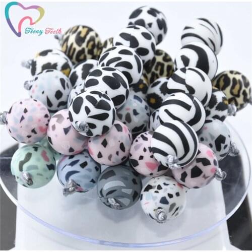 10 PCS 12-15 MM Silicone Terrazzo & Leopard Print Round Beads Teether Pendant DIY Jewelry Necklace Beads Baby Nursing Ball Beads