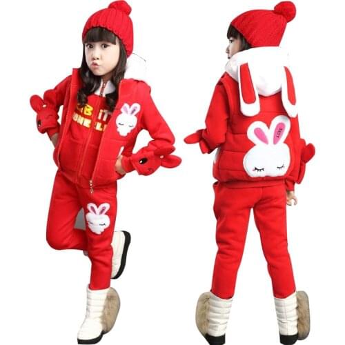 2020 Girls Winter 3 Pcs Set Childrens Velvet Thickening Cartoon Rabbit Clothing Suit Kids Vest Coat + Sweatshirts + Pants X271