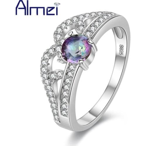 Almei Crown Pink Ring Silver Color Rings For Womens Female With Rainbow Mystic Stones Vintage Jewelry Blue Crystal Zircon Y2712