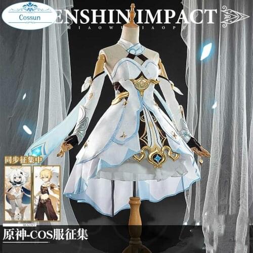 Anime Genshin Impact Traveler Lumine White Elegant Dress Lovely Uniform Cosplay Costume Halloween Suit For Women Outfit New 2020