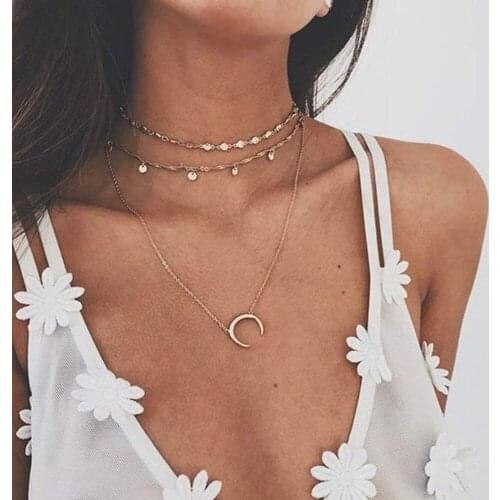 Bohemian Minimalist Multi Layered Crystal Horn Crescent Moon Necklaces & Pendants Gold Color Chain Necklace Choker for Women