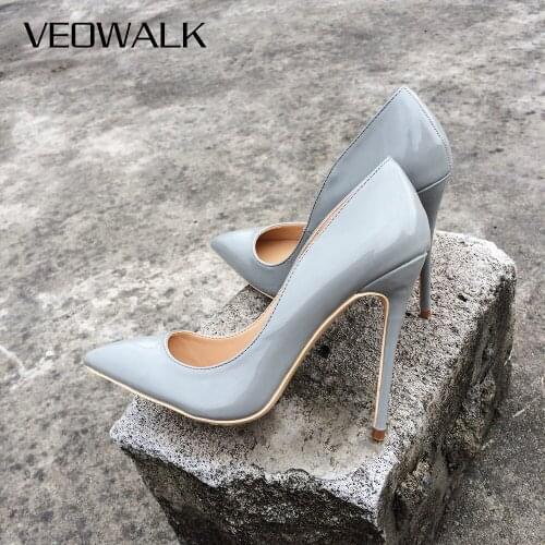 Veowalk Brand Classic Style Women Pointed Toe High Heels Patent Leather Stilettos Pumps Fashion Ladies Cute Dress Shoes Grey