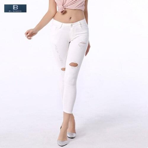 [EL BARCO] Summer Cotton Ripped Holes Denim Jeans Female Black White Skinny Pencil Pants Women Casual Trousers Plus Size S-5XL