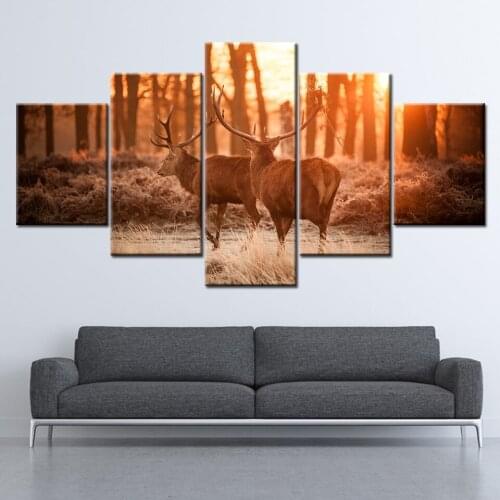 HD Wall Art Printed Canvas Home Decor Living Room 5 Pieces animal deers walking under sunset landscape Modular Poster