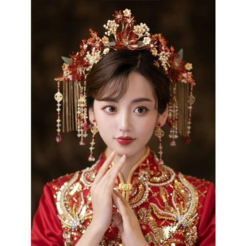 HIMSTORY Luxury Chinese Phoenix Bridal Red Crystal Empress Princess Hairpins Stage Performance Wedding Party Head Accessories