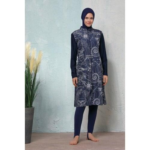 Jowl Game Womens Navy Blue N-8044-19 Roya Navy Blue-White Fully Covered Swimsuit Islamic Swimwear Burkini