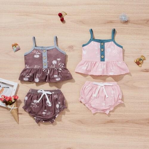 2021-05-13 Lioraitiin 0-24M Infant Baby Girls 2PCS Summer Outfits Sleeveless Tree Print Strap Button Tops Shorts Set 2Styles