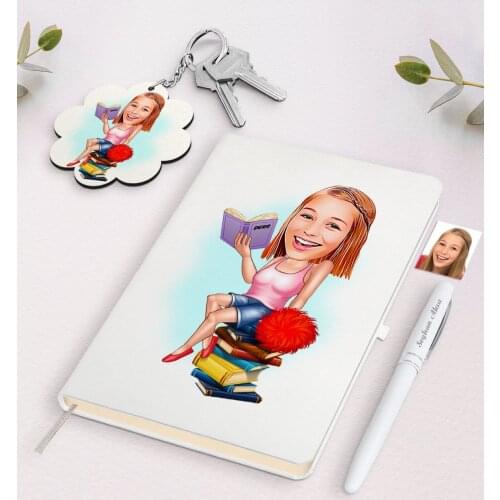 Personalized Women 'S Student Caricature Of White Notebook pen And Keychain Gift Set Reliable Quality Gift Casual design