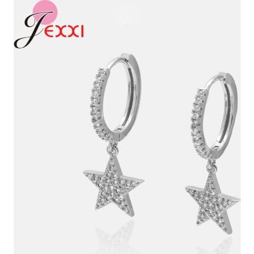 Elegant Sparkling Crystal Hoop Earrings Genuine 925 Sterling Silver Star Shape Pendant Earrings For Women Girls Fast Shipping