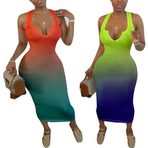 Sexy V neck Tank Dress Women Gradient Color Pinted Long Dress Summer Plus Size Clothing Sleeveless Sheath Midi Lady Dresses Suit