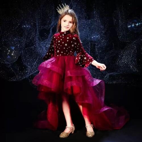 Flower Girl Dress Elegant Illusion Sequined Full High Princess Knee-Length Tulle Lace Luxury Burgundy Cute Kids Party Gown H458