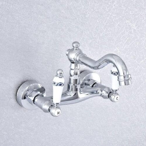 Polished Chrome Wall Mounted Basin Faucets Bath Faucets Double Handle Dual Hole Bathroom Sink Washbasin Water Mixer Tap Nsf771