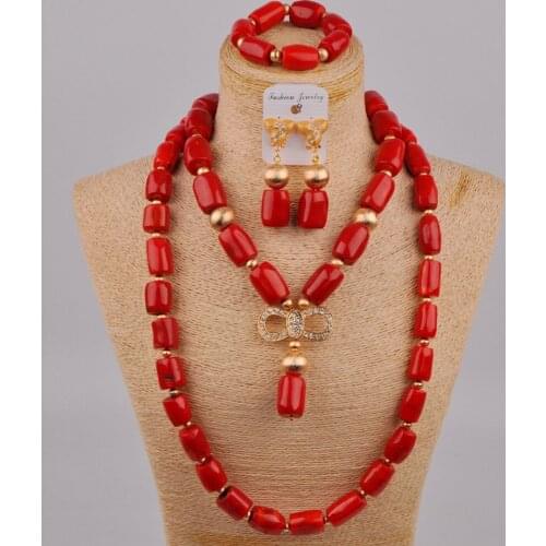 Latest Red/ Orange/ White Nigerian Wedding Coral Necklace Bridal Set African Beads Jewelry Set for Women 2R-C-02