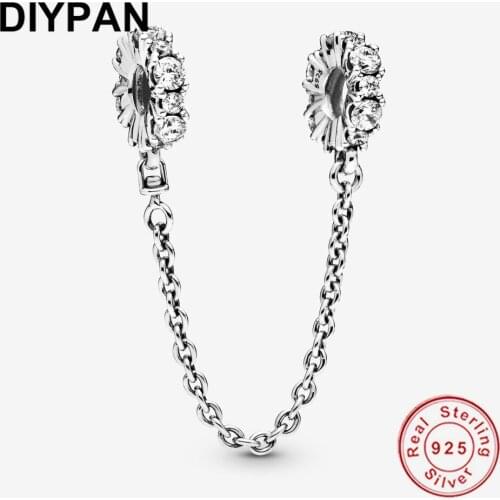 Clear Sparkle Safety Chain Charm Fit Original Pandora Bracelet Charms 925 Silver Necklace Pendant Charm Berloque Jewelry
