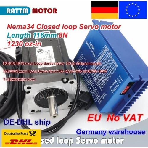EU Free VAT Nema34 8N.m Closed Loop Servo motor L-116mm Stepper Motor 6A & HSS86 Hybrid Step-servo Driver 8A CNC Controller Kit