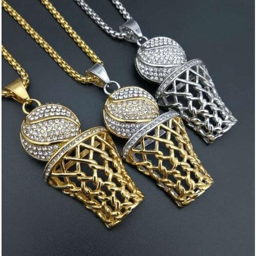 Hiphop sports titanium steel gold plated crystals basketball Mesh Necklace Pendant trend jewelry