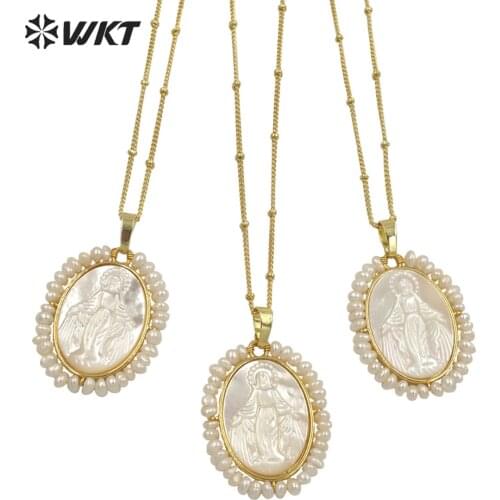WT-JN156 WKT Gorgeous new design handmade wire wrapped with pearl gold bezel shell Virgin Mary pendant necklace