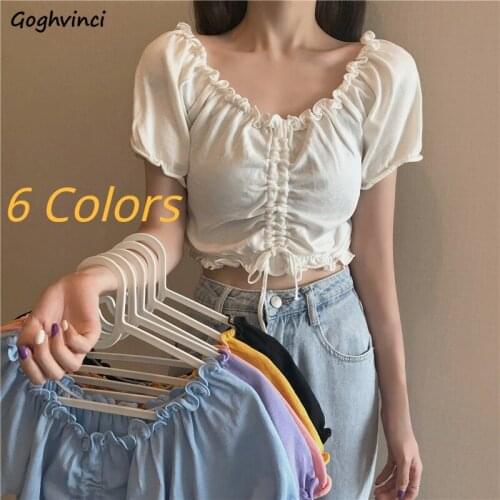 Short Puff Sleeve T-shirts Women Candy Colors Sweet Girls Fungus Pleated Lace-up Crop Top Navel Sexy Slim Tees All-match Outwear