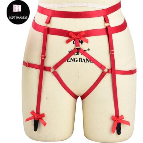 Women Garter Wedding Body Harness Red Bow Pole Dance Sexy Cosplay Leg Harness Rave Festival Fetish Punk Stockings Garter Belt