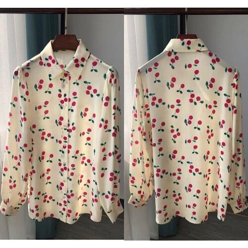 Ladies Cherry Print Silk 100% Lapel Long Sleeve Blouse Shirt Top