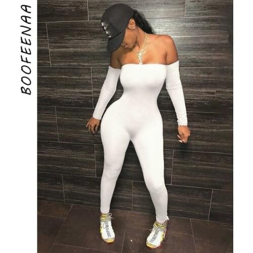 BOOFEENAA Off Shoulder Long Sleeve Jumpsuit Women Fall Clothing 2020 Sport Active Wear One Piece Outfit Bodycon Rompers C85-BF22