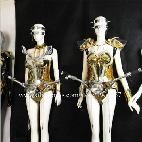 Silver Gold Plated Led Luminous Ballroom Sexy Women Costume With Locomotive Head For Party Evening Stage Dress Fashion Clothing