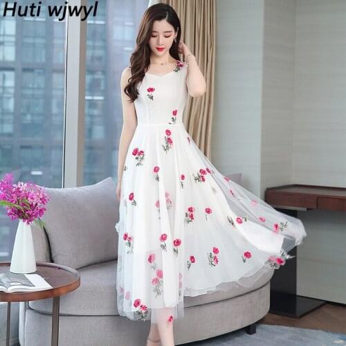 Summer New White Chiffon Boho Beach Midi Sundress 2021 Women Black Sexy Sling Dress Casual Party Bodycon Embroidery Maxi Vestido
