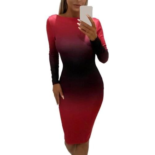 2021 Autumn Sexy Women Dress Gradient Color Long Sleeve Backless Bodycon Ladies Knee Length Dress платье
