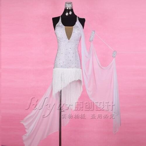 New Latin Dance Dress Competition Dress Costumes Skirt Performing Dress Tassel Rhinestones Adult Customize Children White V-neck