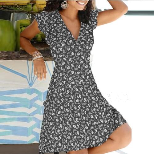 Dress Women 2021 Summer V-neck Flower Print Short-sleeved Zipper Pullover Dresses Vestidos Elegant Vintage Dresses Femme Robe