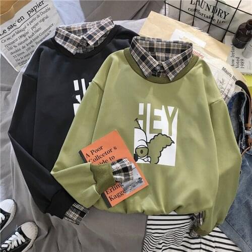 Winter Warm Long Sleeve Casual Sweatshirt Plaid Patchwork Sweatshirt Mujer Streetwear Loose Student Cartoon Print Fleece Hoodies