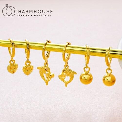 24K Yellow Gold GP Charm Earrings Set For Women Dolphin Star Key Crown Hoop Earing Brincos Femme Trendy Jewelry Accessories