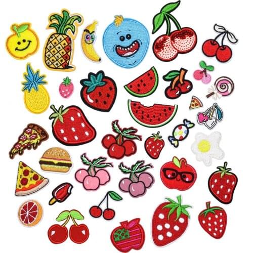 34pcs Cartoon Embroidery Patches Set Fruits Hamburger Cloth Sticker Bulk DIY Appliques for Sewing Clothes Home Textiles Iron Ons