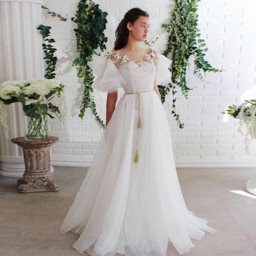 White and Gold Evening Dress 2020 O-Neck Appliques Flowers Short Sleeve Graduation Dress for Party Prom Gown abiye gece elbisesi