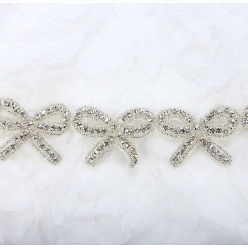 Hot Sale 1 Yard Bow Crystal Applique Patch Bow Trim Applique Butterfly Rhinestone Crystal Trim Wedding Dress Applique Trim