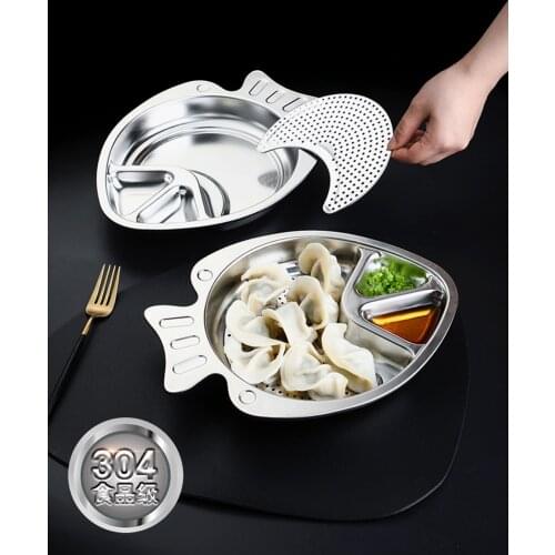 Home Large-Capacity Dumpling Plate With Vinegar Plate Household Division Grid Stainless Steel Drain Plate Snack Dumpling Plate