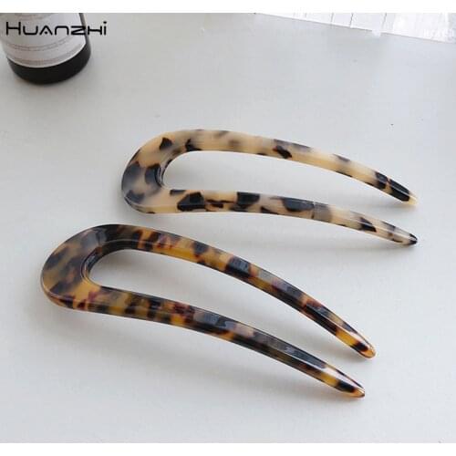 HUANZHI 2020 New Korean Trendy Leopard Print Geometric U-shaped Fork Acetic Acid Hairpin Headwear Accessories for Women Girls