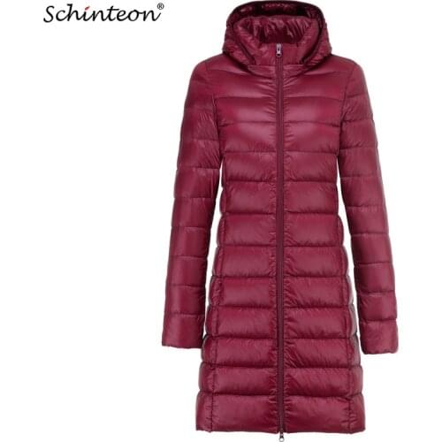 2021 Schinteon Light Ultra Down Jacket with Removable Hood White Duck Down Long Coat Casual Spring Autumn Outwear New for Women
