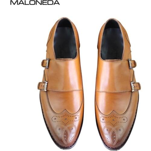 MALONEDA Handmade Brogue Pattern Mens Slip on Shoes Genuine Leather Goodyear Double Monk Buckle Strap Shoes Wedding Formal