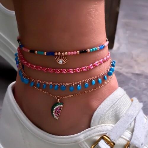 Docona Crystal Watermelon Eye Multilayer Anklet Bracelet Set for Women Colorful Rope Beaded Pendant Anklet Foot Chains 8369