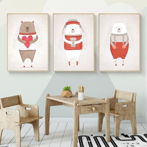 Cute Cartoon Animal print Wall Art Canvas Painting Rabbit Bear Nordic Poster Wall Picture for Nursery Kids Baby Room Home Decor