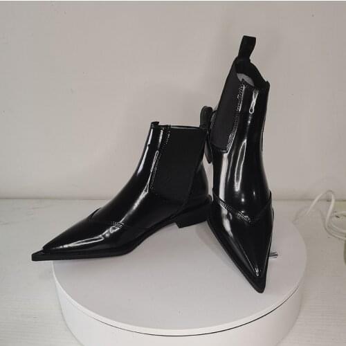 2021 new Women Ankle Boots plus size 22-26.5cm Cow patent leather Chelsea boots Low-heeled fashion all-match black boots